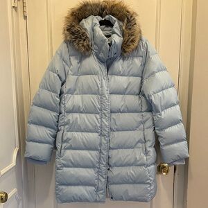 Lands' End Sky Blue Puffer Jacket with Faux Fur Trim